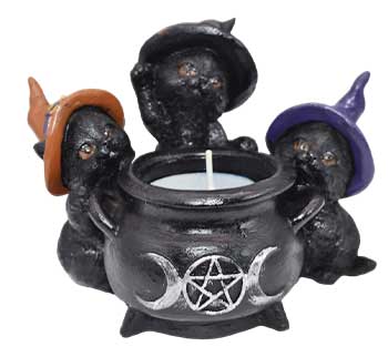 Witchy Cats Around Cauldron Tealight Candle Holder Mythical Collectibles Candle Holders